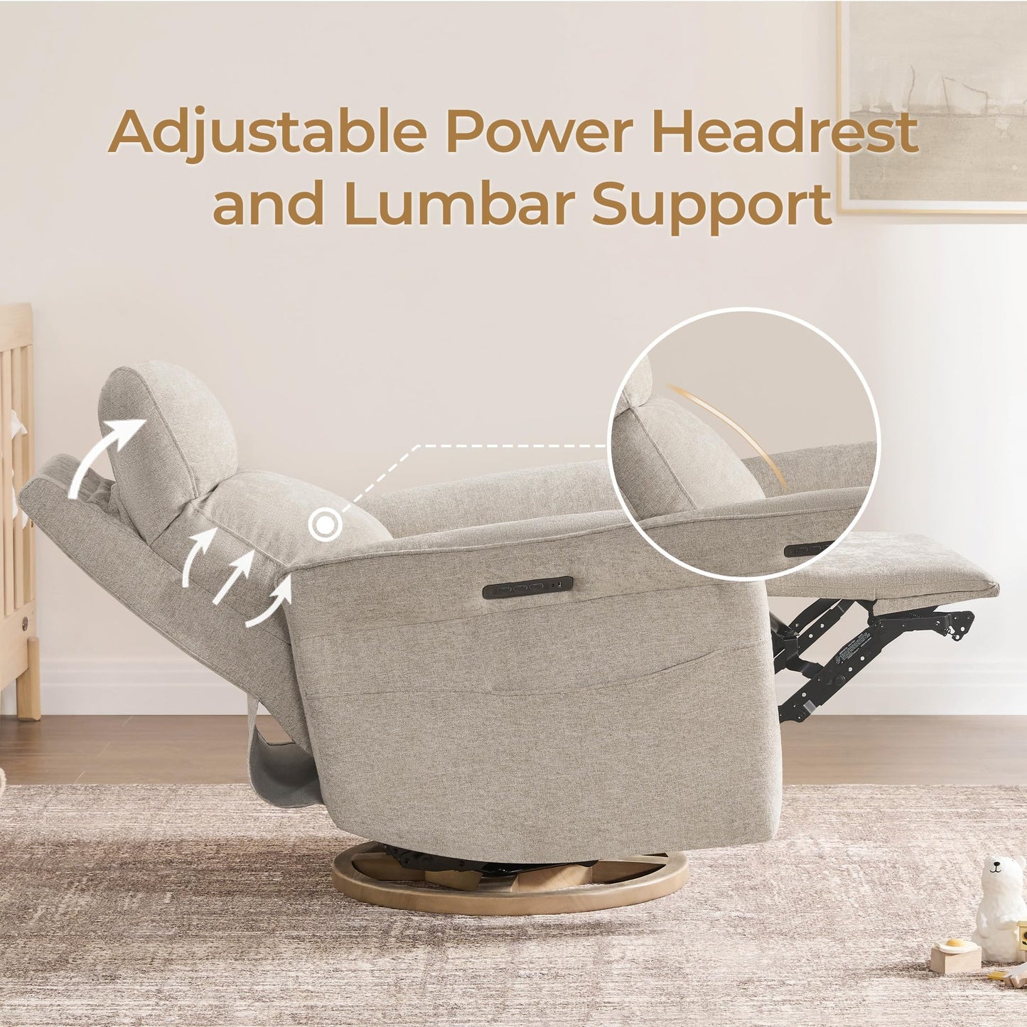 CHITA Power Recliner Chair, Electric Triple-Motor Swivel Glider Nursery Rocking Chair with Adjustable Power Headrest and Lumbar Support, GREENGARD Gold Certified, Solid Wood Base, Linen