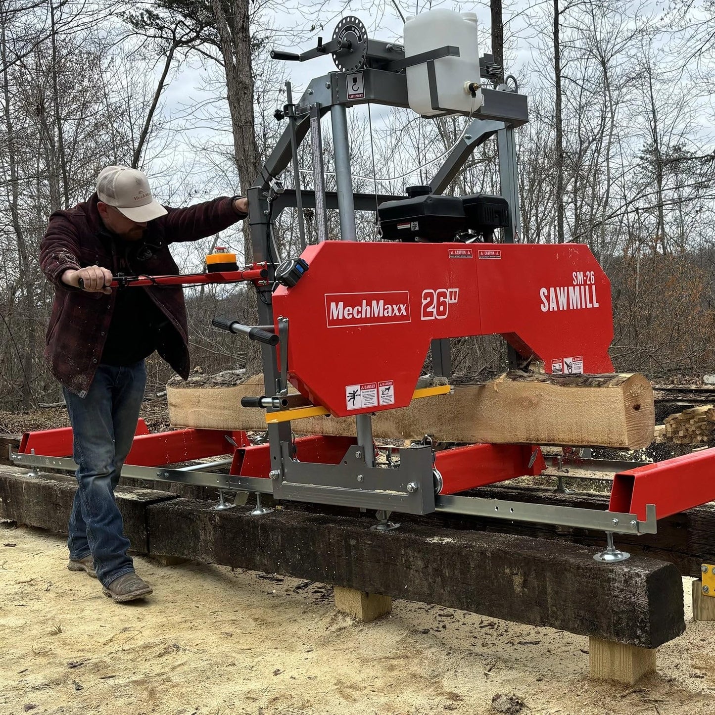 MechMaxx 32" Portable Sawmill, ZONSEN 459cc 15HP E-Start Gasoline Engine, 26.5" Board Width, 13' Track Length, Model SM-32