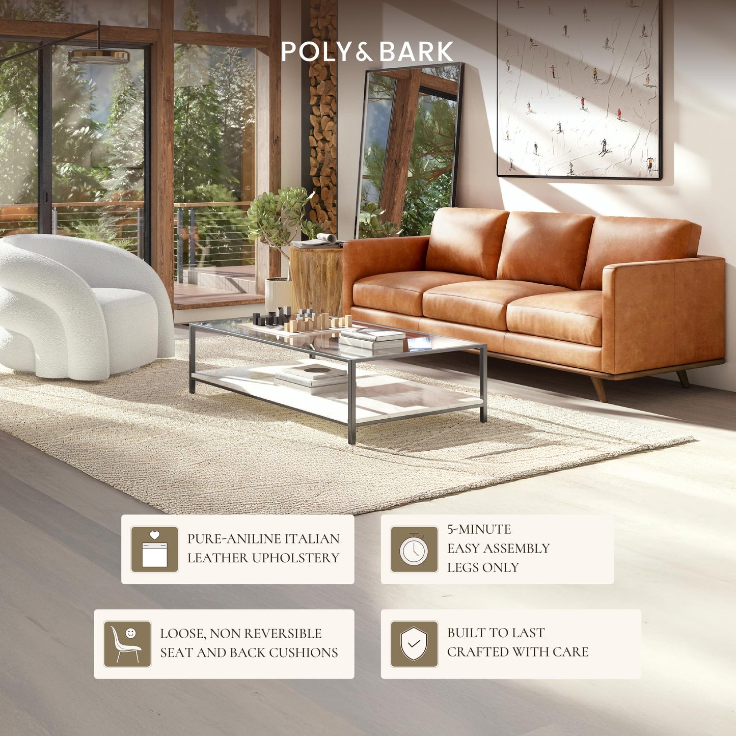 POLY & BARK Sorrento 86" Sofa – Cognac Tan Full-Grain Pure-Aniline Italian Leather, Feather-Down Cushions, Solid Wood Frame & Walnut Legs
