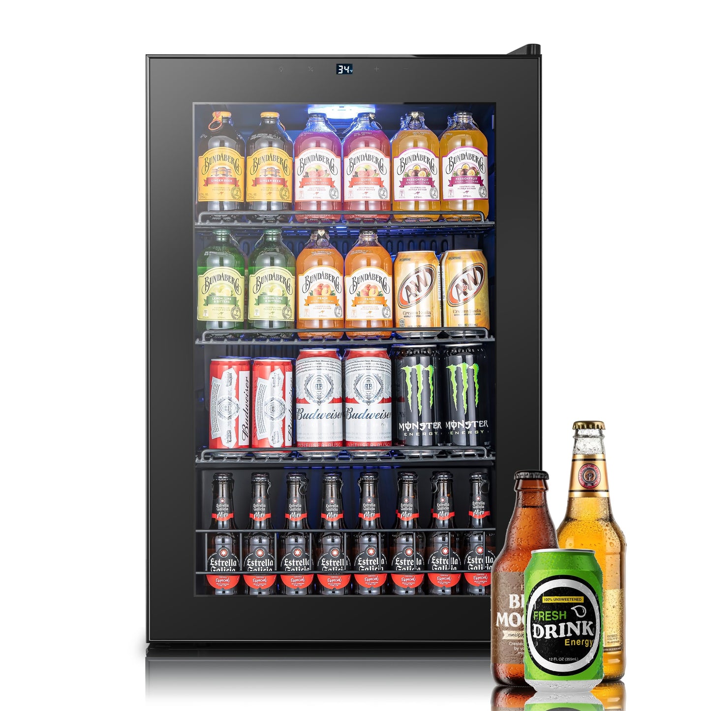 Yeego Beverage Refrigerator, 130 Can Mini Fridge with Glass Door, Adjustable Shelves, Digital Temperature Control 34°F-54°F, Drink Cooler for Soda, Beer and Wine, Freestanding or Under Counter, Black