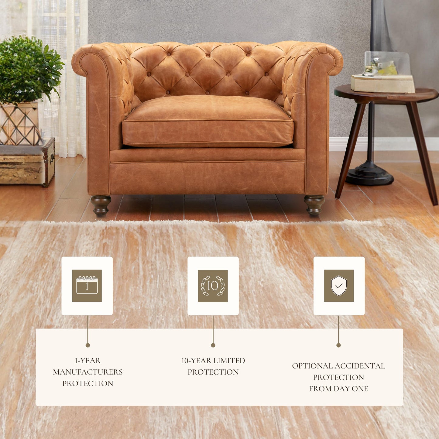 Poly & BARK Rowan Lounge Chairs Set of 2 – Mid Century Modern Leather Armchairs with Ribbed Seat and Solid Ash Wood Frame, Cognac Tan