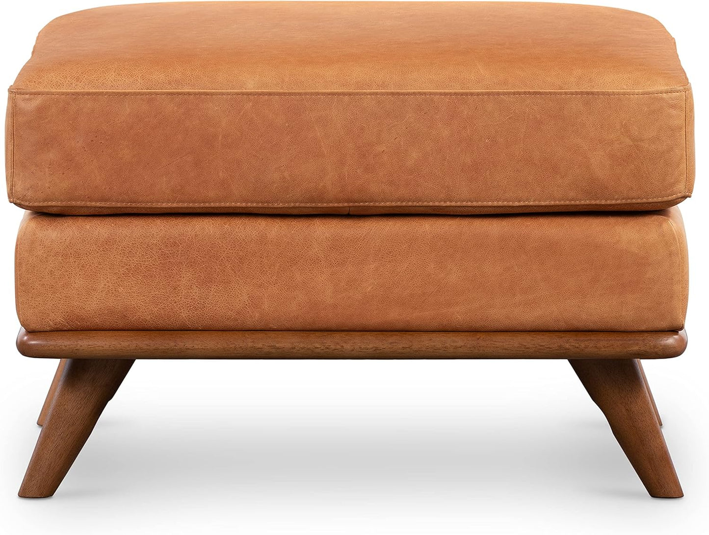 Poly & BARK Nolita Ottoman in Cognac Tan – Premium Leather Ottoman with Solid Wood Base, Modern Footrest, Accent Seating, and Living Room Furniture