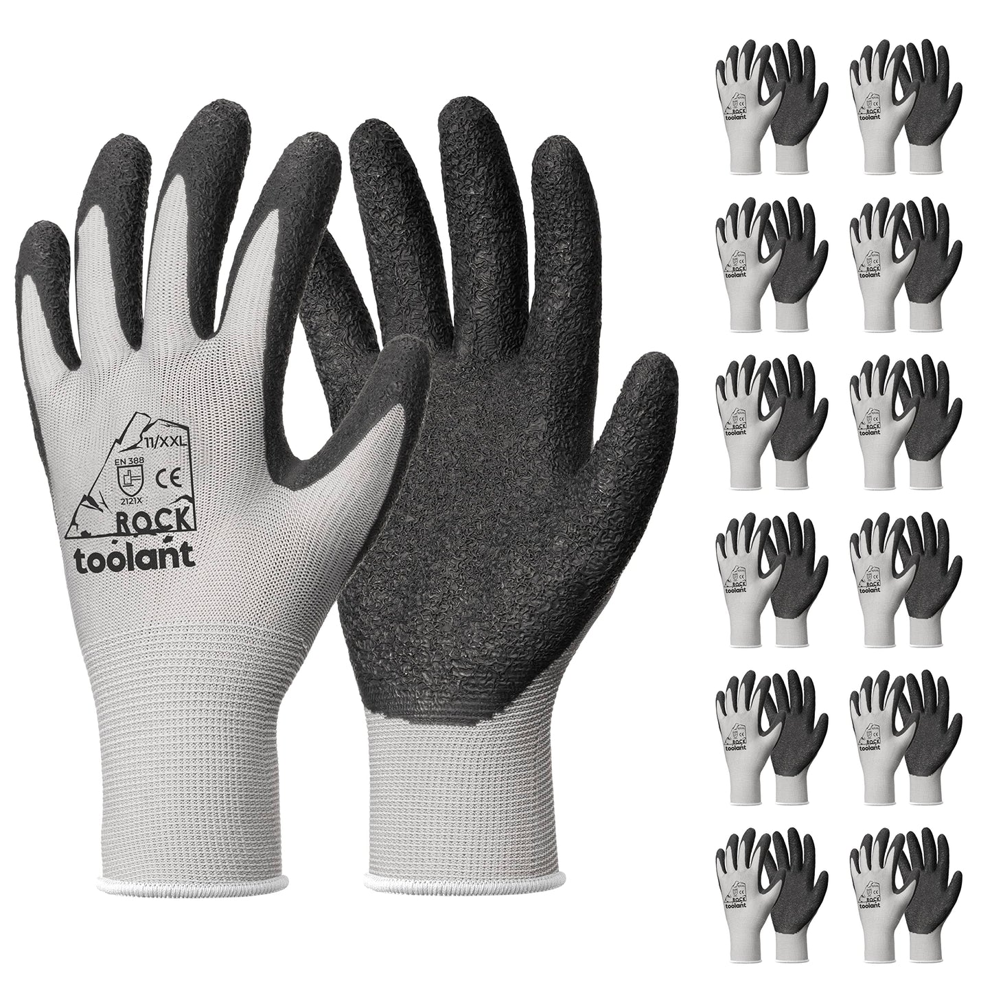 toolant Crinkle Latex Work Gloves Bulk, Rubber Coated Safety Work Gloves for Men and Women, 12 Pairs for Construction, Gardening, Warehouse (Black, Large)