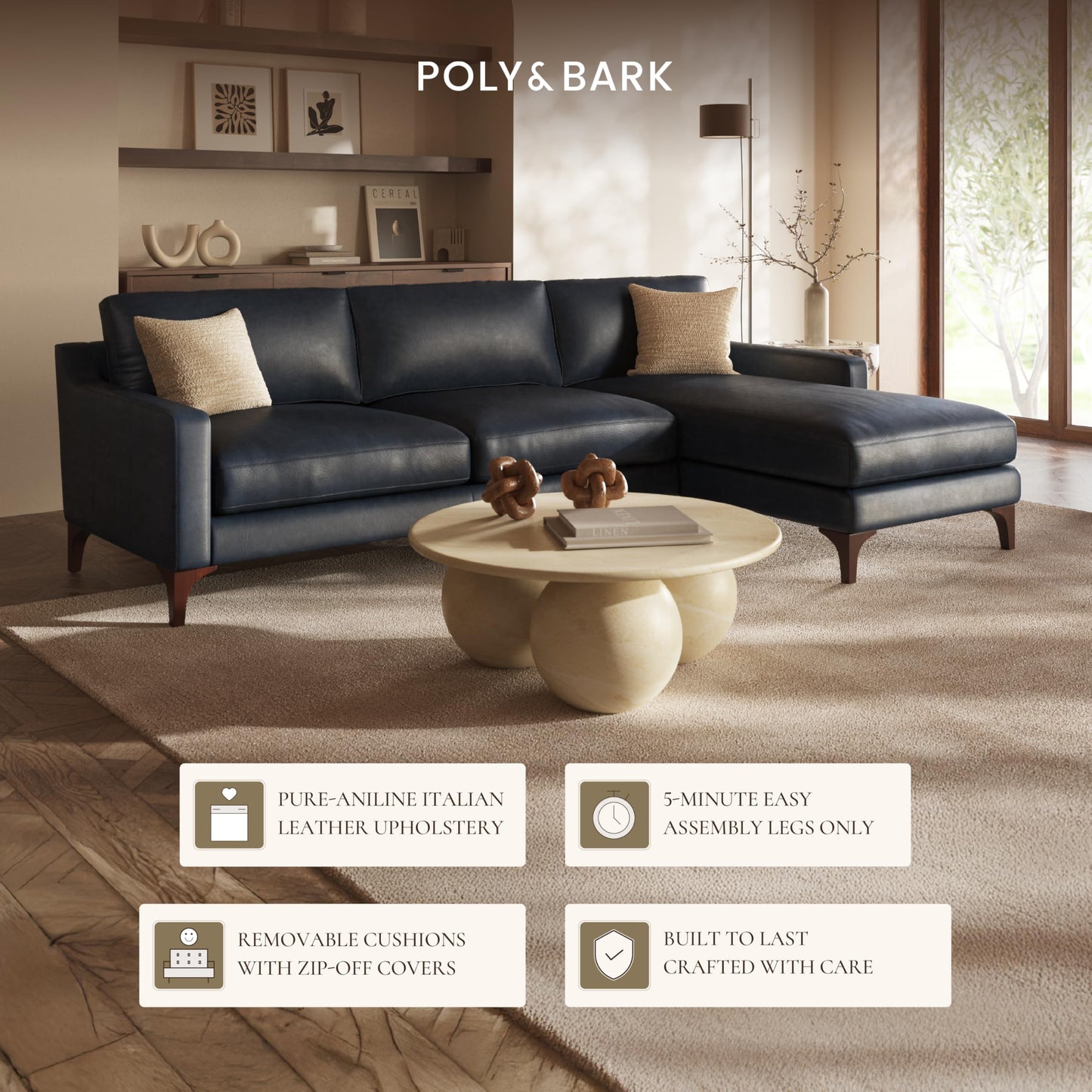Poly & BARK Harper Left-Facing Leather Sleeper Sectional Sofa Cognac Tan– Full-Grain Aniline Leather, Sculptural Silhouette, Walnut-Finished Legs – Modern Statement Sofa for Living Spaces