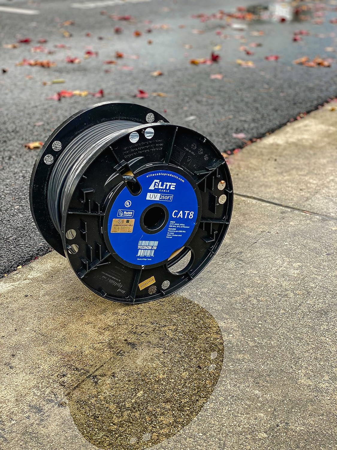 Elite Cat8 250ft Outdoor/Indoor Cable, UV Resistant, 40Gb, 2000MHz, CMR/Riser + UV/Outdoor, High Speed, Pure Solid Copper, Easy Pull Reel, Black