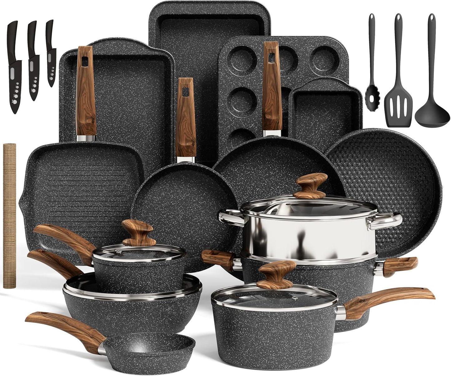 Kitchen Academy 30Pcs Bakeware & Cookware Set + 24Pcs Stoneware Dinnerware Set for 8