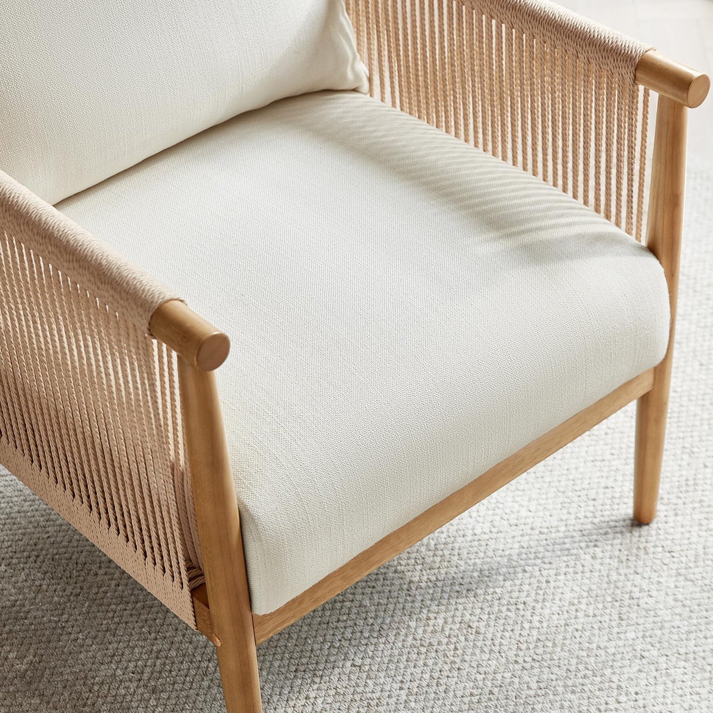 CHITA Braid Accent Chair, Modern Armchair with Solid Wooden Armrest for Living Room and Bedroom, Boho Reading Chair, Cream