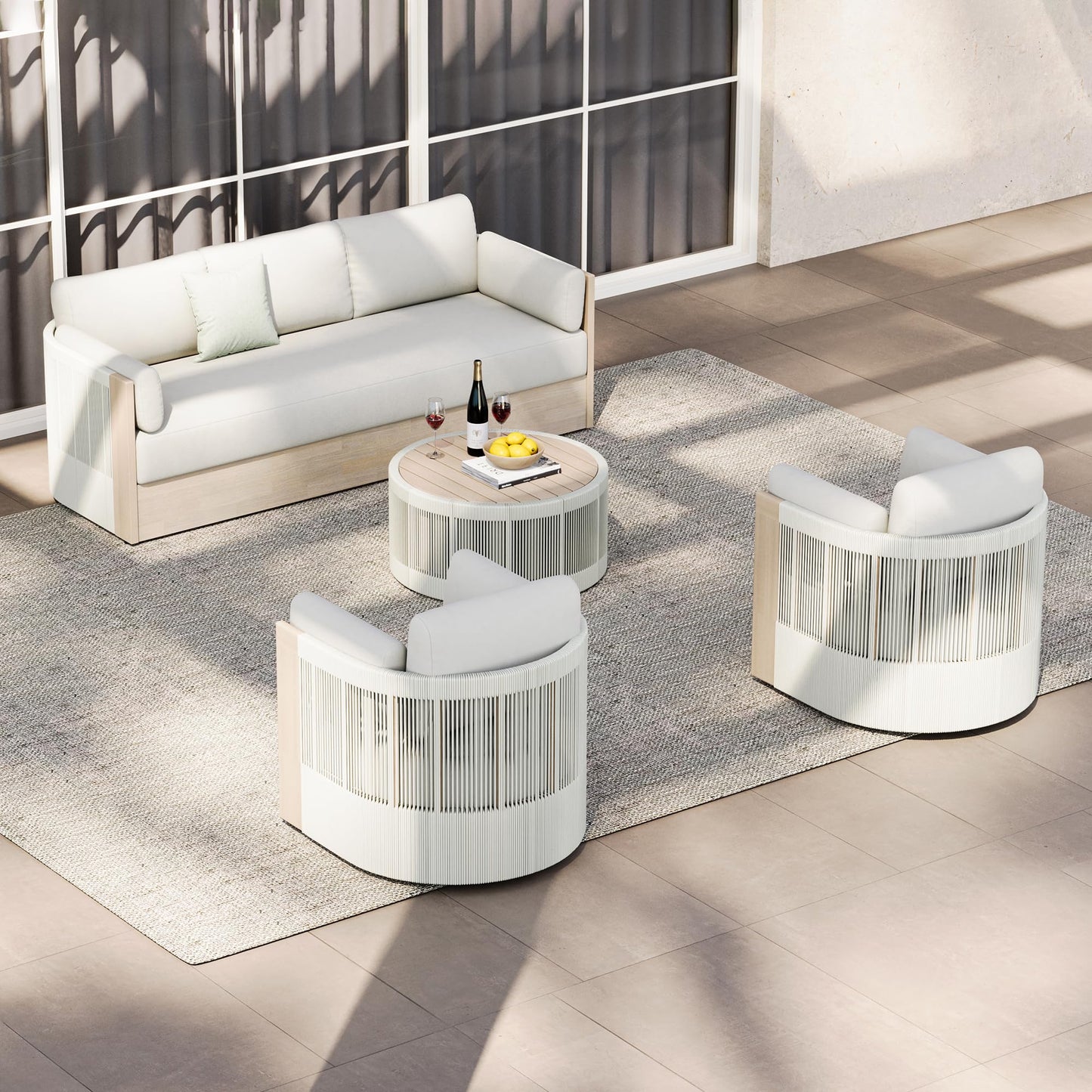 CHITA 3 Pieces Boho Patio Rattan Bistro Set, Outdoor Wicker Furniture Swivel Chairs & Side Table Set with 2 Arm Pillows, Acacia Wood Frame, Fully Assembled(Cream)