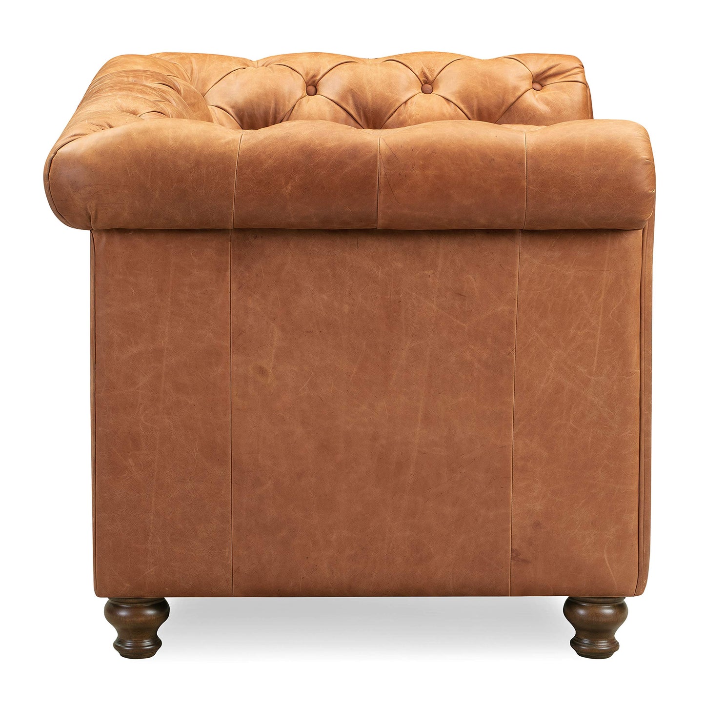 Poly & BARK Rowan Lounge Chairs Set of 2 – Mid Century Modern Leather Armchairs with Ribbed Seat and Solid Ash Wood Frame, Cognac Tan