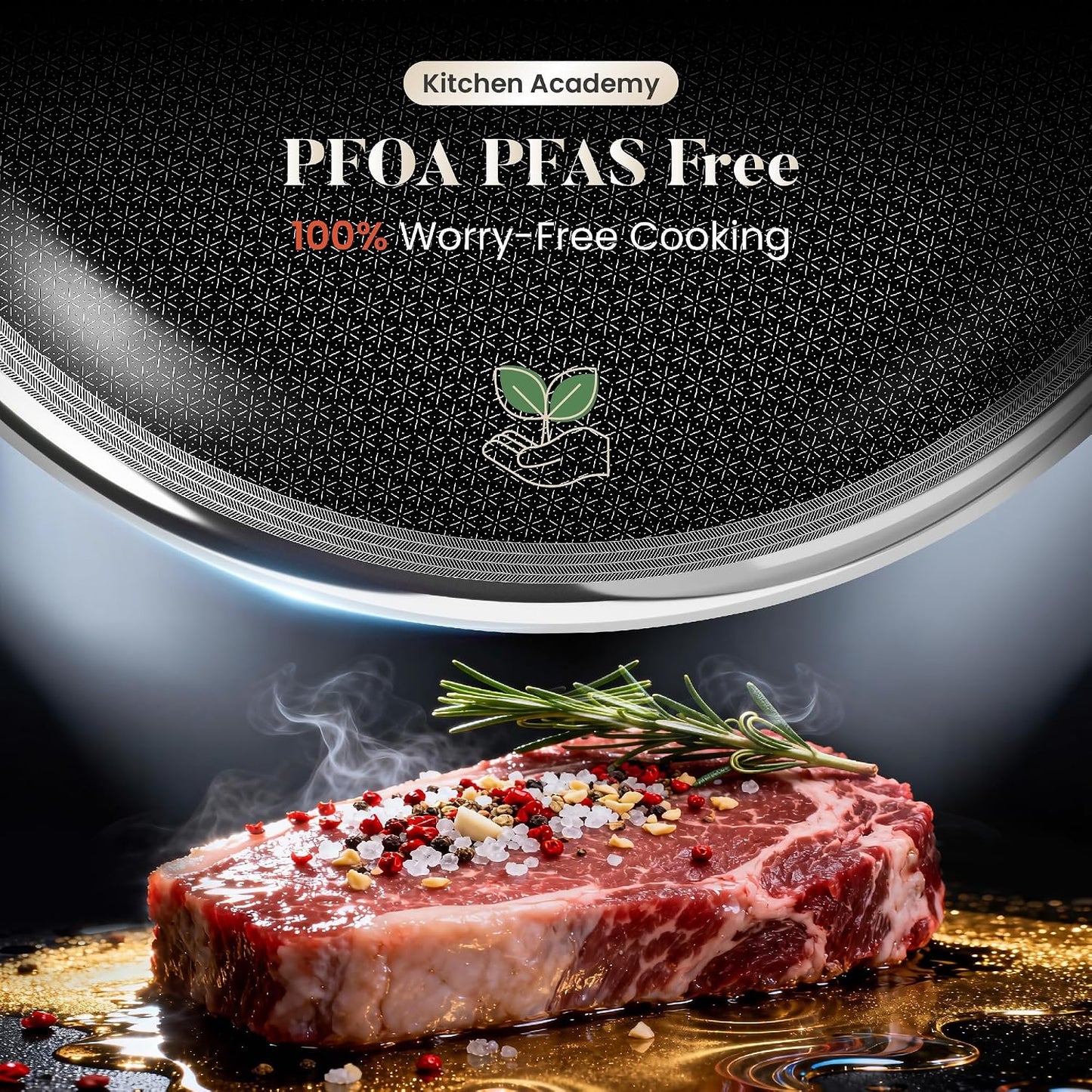 Kitchen Academy 6Pcs 18/10 Stainless Steel Frying Pan Set, 3-Ply 8/10/12 Inch Induction Ready Skillet with Lids, Dishwasher & Oven Safe, PFOA and PFAS Free