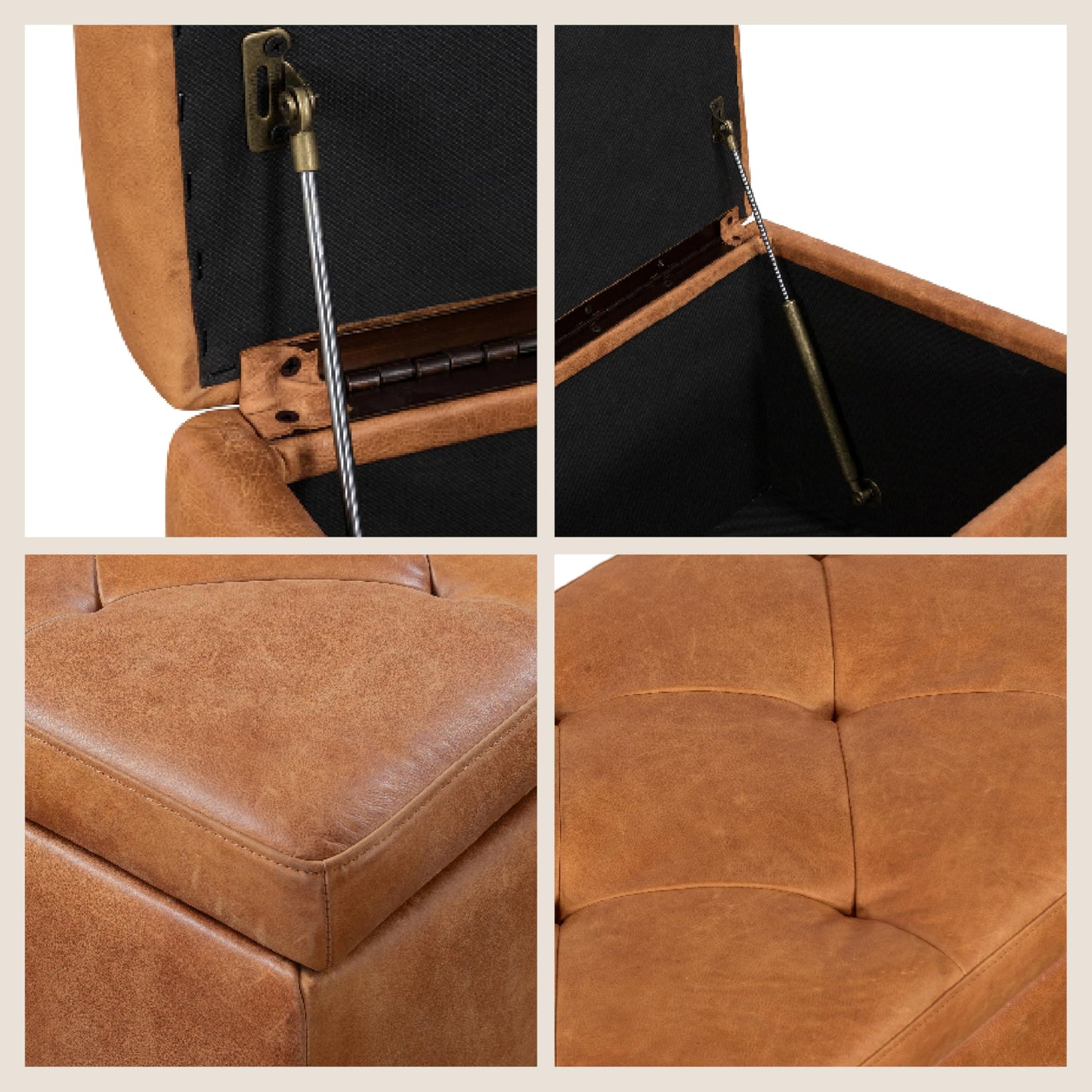 POLY & BARK Denver Ottoman – 43" Large Pouf with Feather-Down Topper – Full-Grain Leather Upholstered Pouf Ottoman for Living Room – Vintage Italian Leather in Cognac Tan