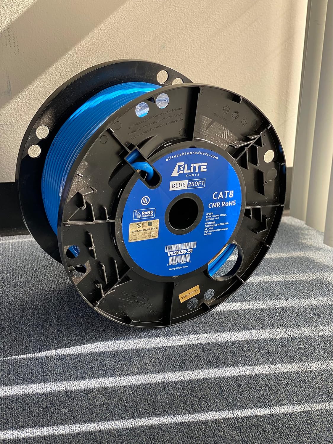 Elite 250ft. Cat8 Shielded Riser (CMR), 40Gb, 2000MHz, S/FTP 22AWG, Solid Bare Copper, UL Listed, ETL Listed, PoE++ (Blue, 250ft.)