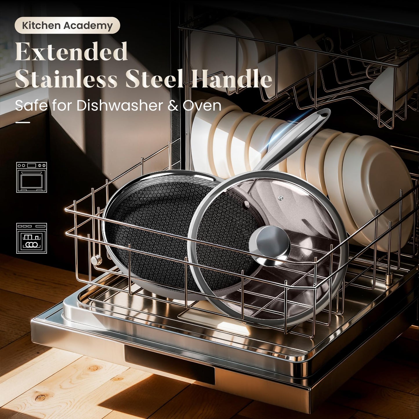 Kitchen Academy 8/10/12 Inch 3-Ply Stainless Steel Skillet Set, Induction Frying Pans, Oven Safe & Dishwasher Safe, PFOA-Free Cookware