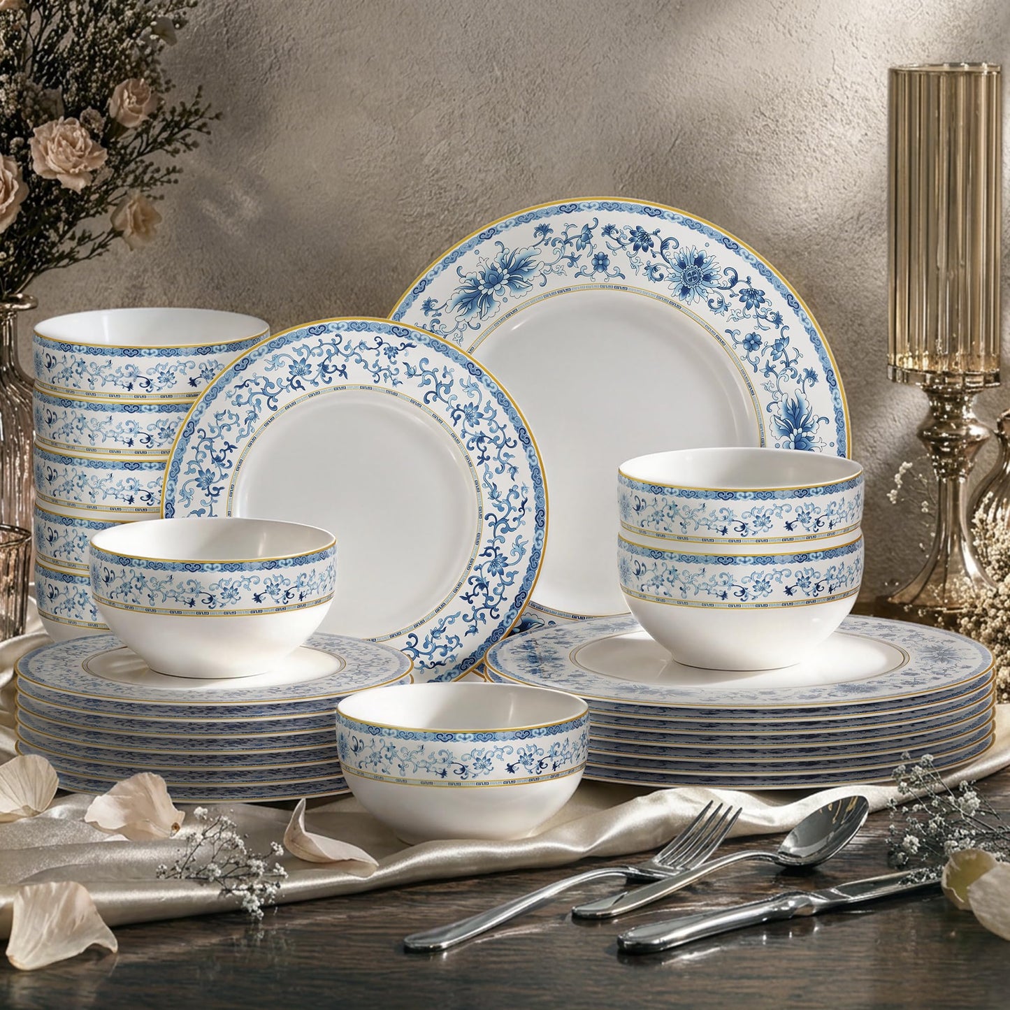 Kitchen Academy Bone China Dinnerware Set Service for 4, 12-Pieces Porcelain Lightweight Plates and Bowls Sets, Scratch Resistant kitchen Dish Set, Wedding & Housewarming Gift, White