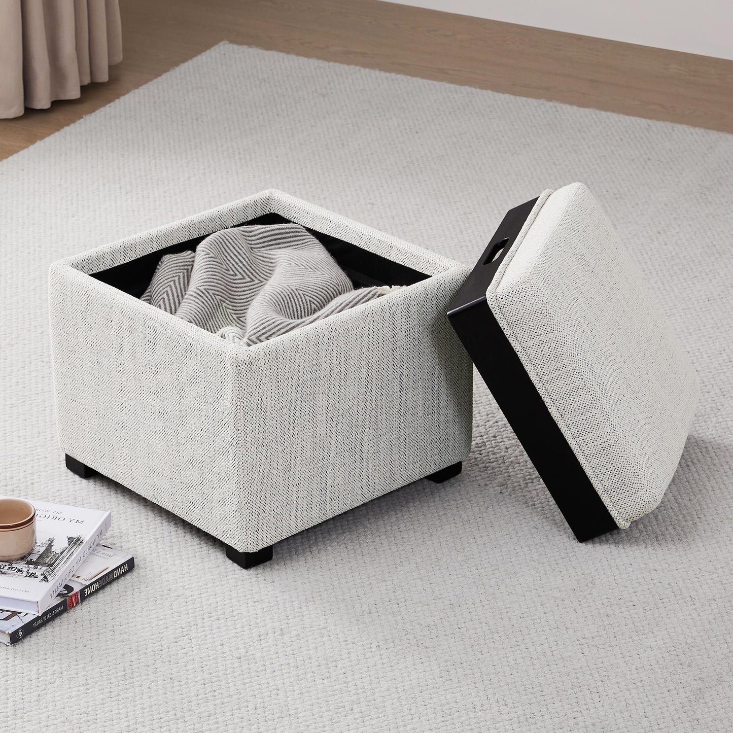 CHITA Storage Ottoman Cube with Tray Lid, Small Footstool with Storage, Square End Table for Living Room and Bedroom, Faux Leather in Saddle Brown