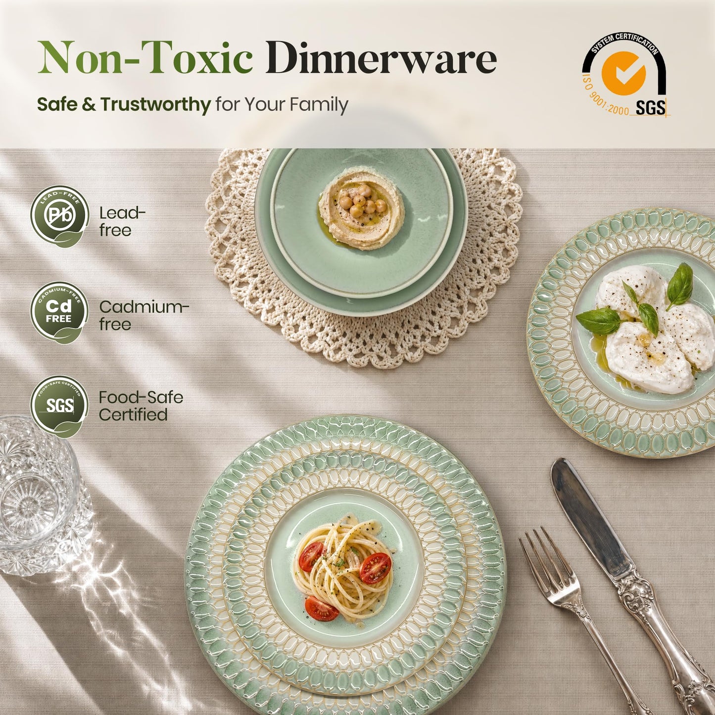 Kitchen Academy Stoneware Dinnerware Sets for 8, Embossed Ceramic Plates and Bowls Set, Beige Dishes
