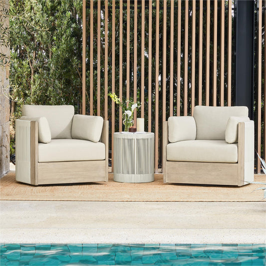CHITA 3 Pieces Boho Patio Rattan Bistro Set, Outdoor Wicker Furniture Swivel Chairs & Side Table Set with 2 Arm Pillows, Acacia Wood Frame, Fully Assembled(Cream)