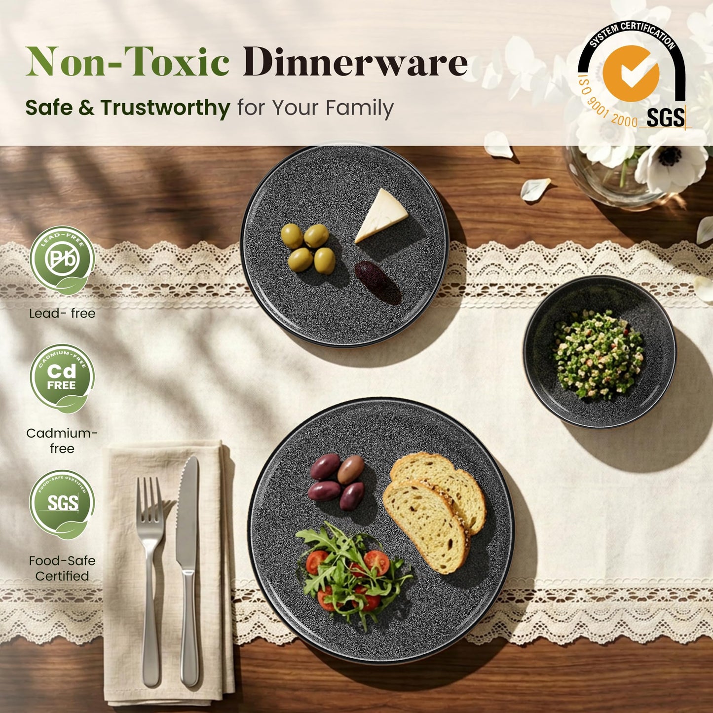Kitchen Academy Brown Stoneawre Dinnerware Sets for 8, 24Pcs Ceramic Non Toxic Plates and Bowls Sets, Scratch Resistant Dishes, Oven & Microwave Safe