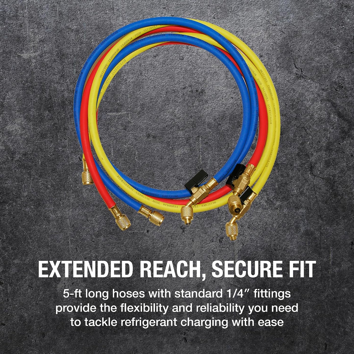 NAVAC NH5SC Refrigerant Hoses | 1/4" HVAC Charging Hoses with Ball Valve | Suitable for R410A, R134a, R-22 and Other Refrigerants | 5 Feet Long | 3-Color Hose Kit | 1 Year Warranty