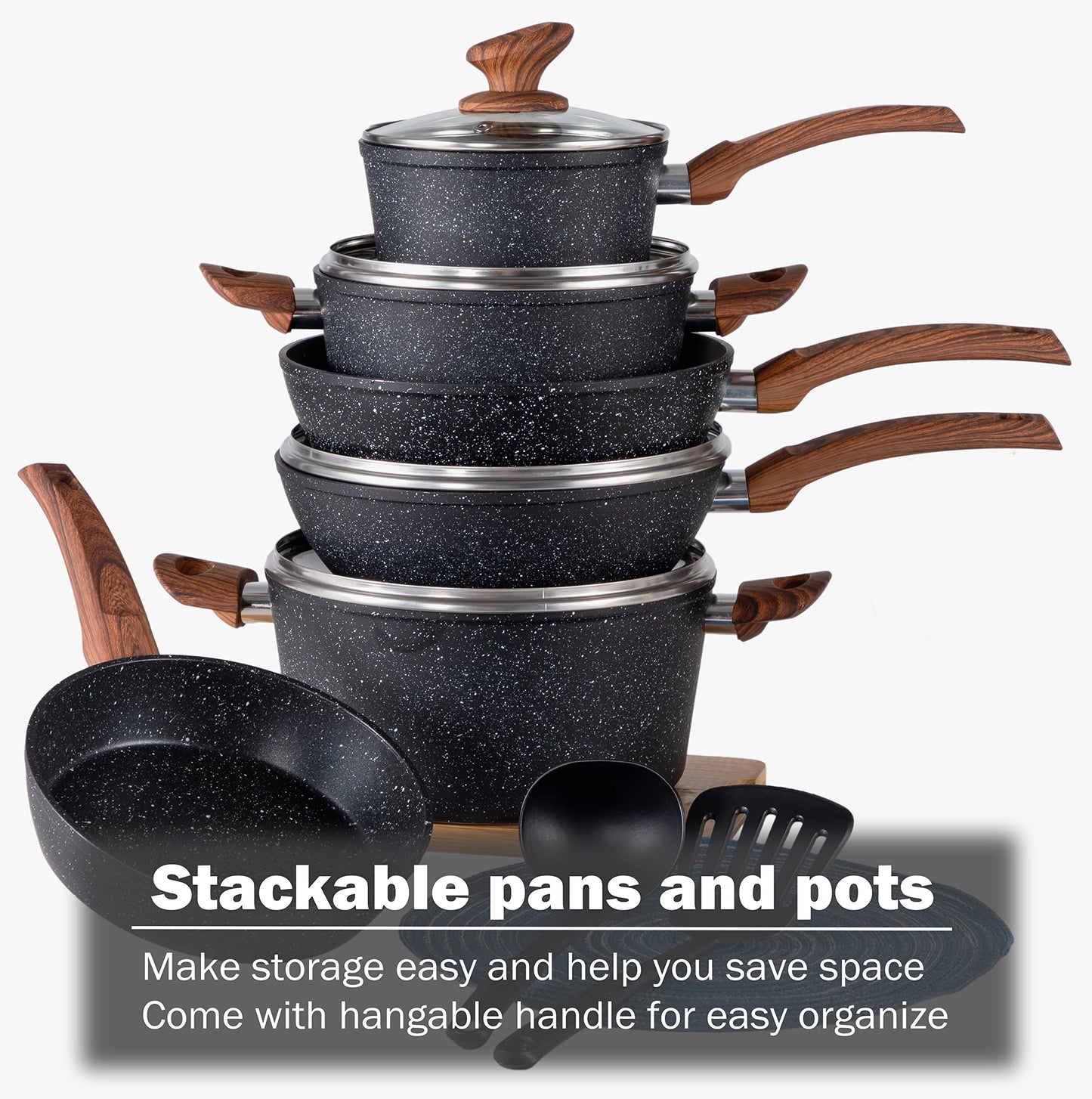 Kitchen Academy Induction Cookware Sets - 12 Piece Pots and Pans Set Non Stick, Black Granite Nonstick Cooking Pan Set(PFOS, PFOA Free)