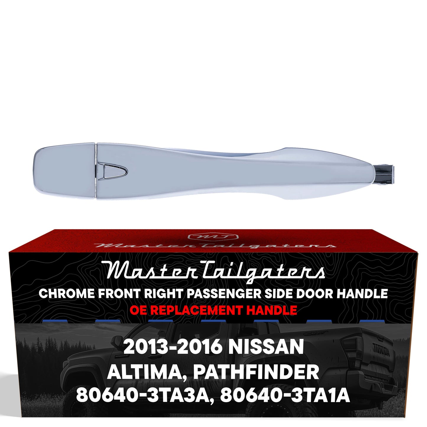 Exterior Door Handle Chrome Replacement for Nissan Altima (13-15), Pathfinder (13-16) OE Part # 80640-3TA3A, 80640-3TA1A | Front Right Passenger Side w/o Keyhole