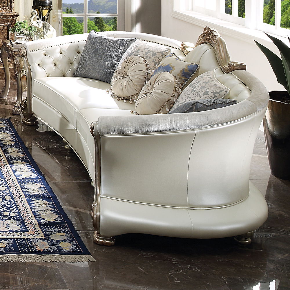 Dresden II - Sofa With 7 Pillows - Pearl Synthetic Leather & Gold Patina