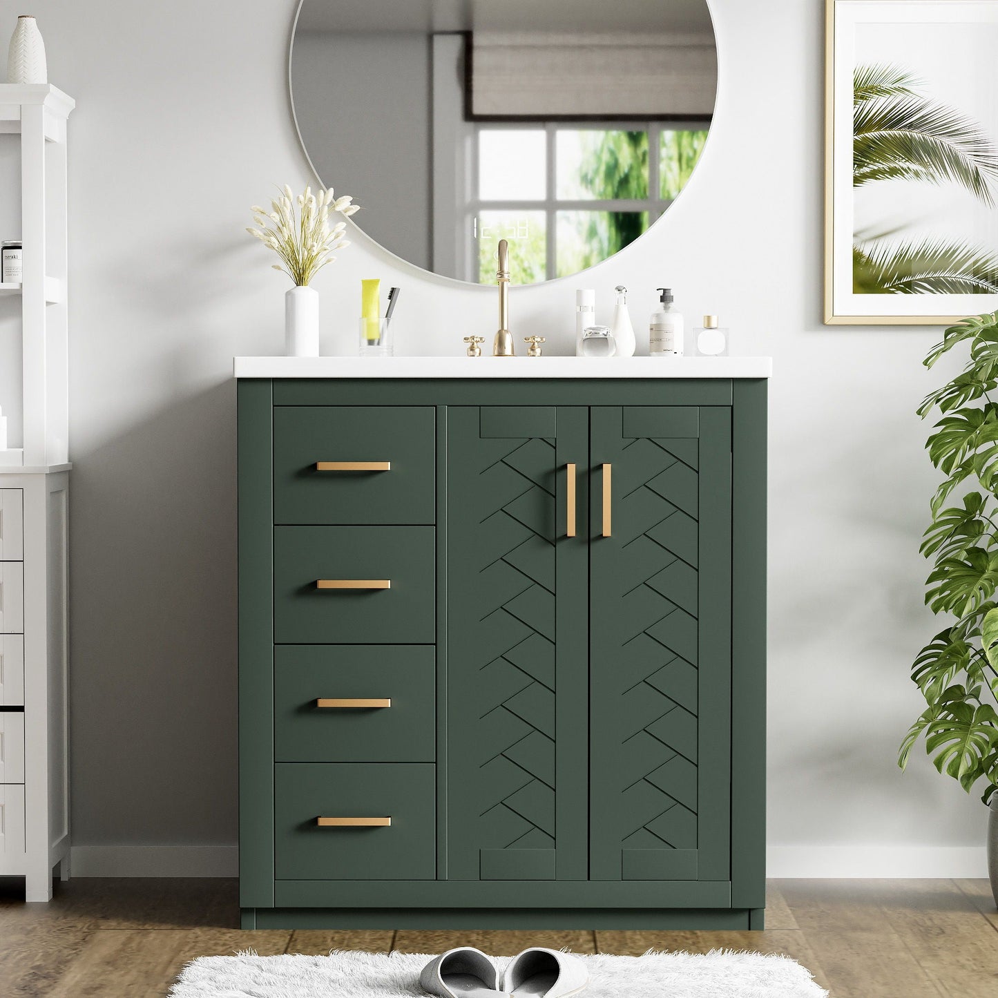 Ceramic Sink Combo, Freestanding Vanity Set With 3 Drawers & Soft Closing Doors