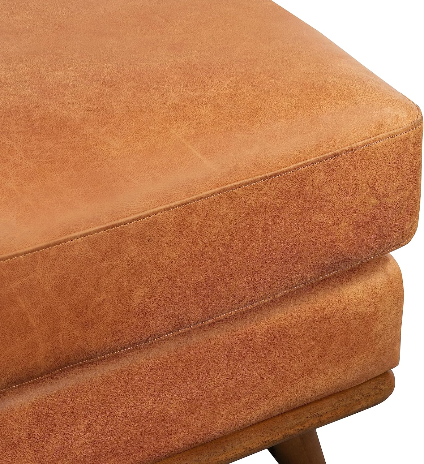 Poly & BARK Nolita Ottoman in Cognac Tan – Premium Leather Ottoman with Solid Wood Base, Modern Footrest, Accent Seating, and Living Room Furniture