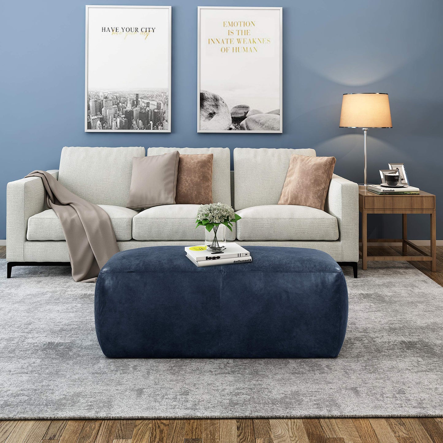 POLY & BARK Denver Ottoman – 43" Large Pouf with Feather-Down Topper – Full-Grain Leather Upholstered Pouf Ottoman for Living Room – Vintage Italian Leather in Cognac Tan