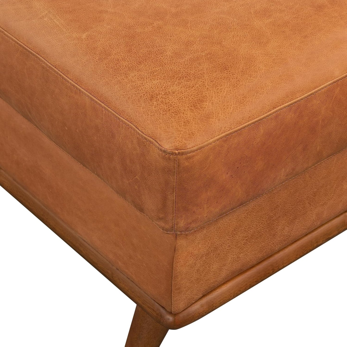 Poly & BARK Nolita Ottoman in Cognac Tan – Premium Leather Ottoman with Solid Wood Base, Modern Footrest, Accent Seating, and Living Room Furniture