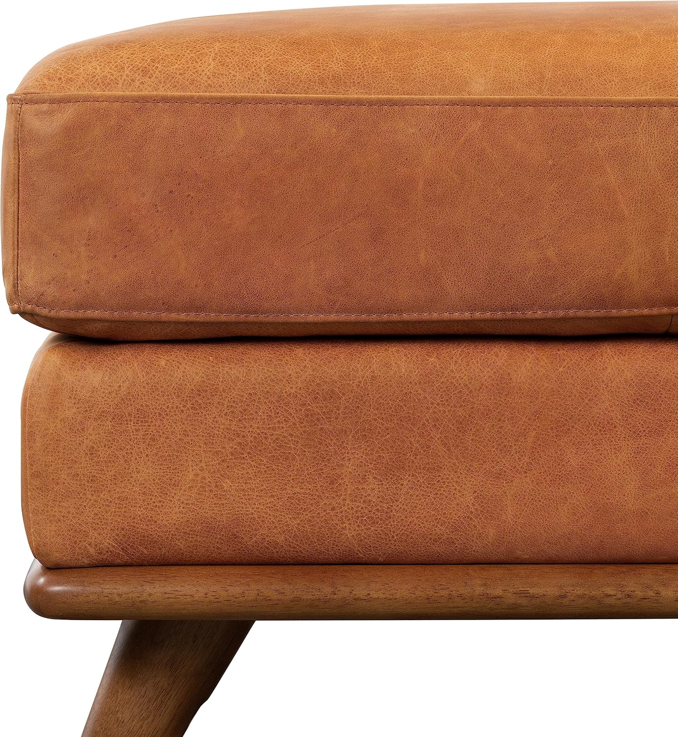 Poly & BARK Nolita Ottoman in Cognac Tan – Premium Leather Ottoman with Solid Wood Base, Modern Footrest, Accent Seating, and Living Room Furniture