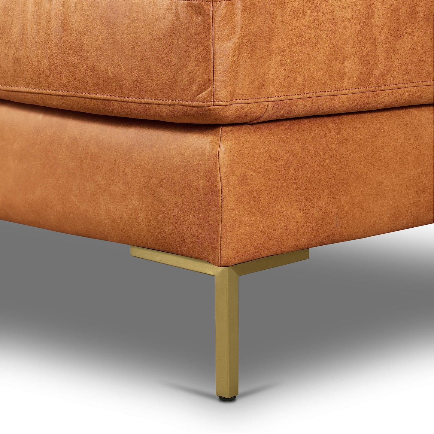 Poly & BARK Calle Right-Facing Sectional in Full-Grain Pure-Aniline Italian Tanned Leather in Cognac Tan and Brass Legs