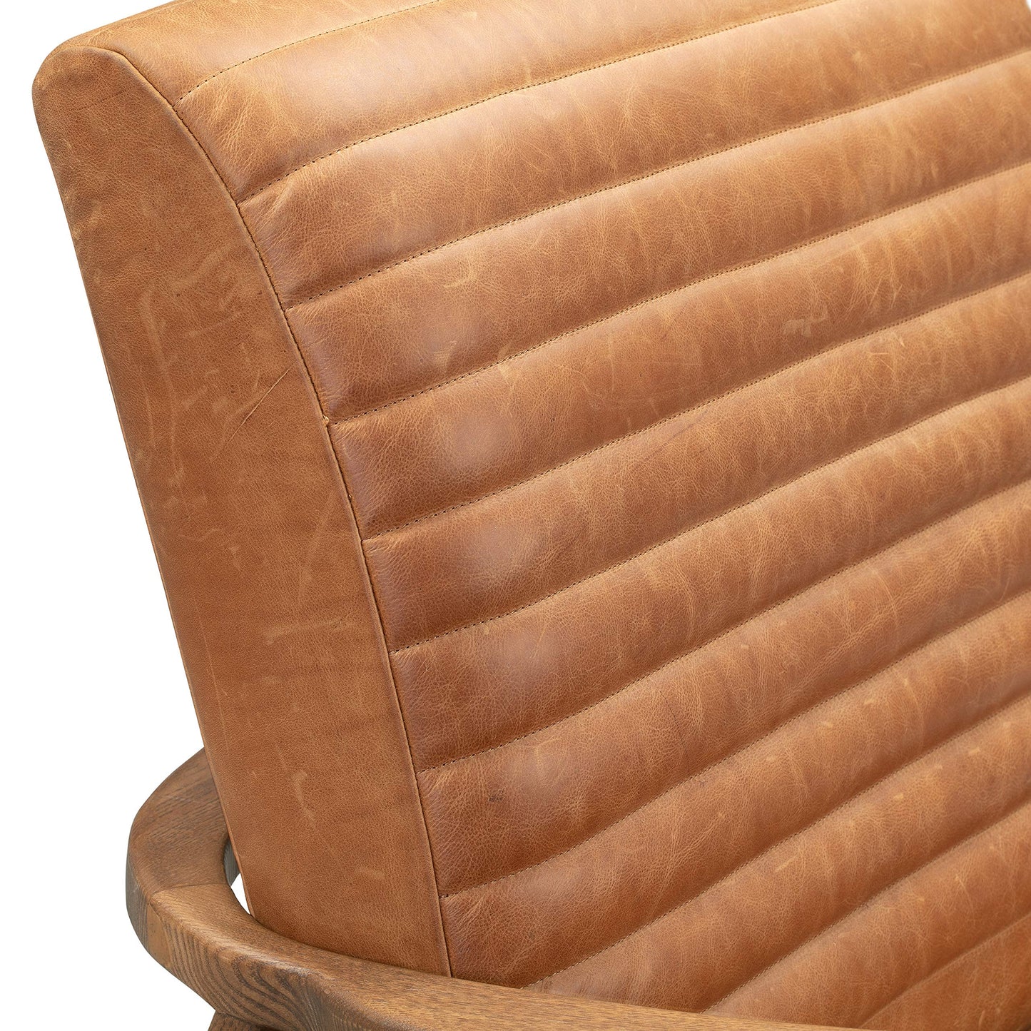Poly & BARK Rowan Lounge Chairs Set of 2 – Mid Century Modern Leather Armchairs with Ribbed Seat and Solid Ash Wood Frame, Cognac Tan