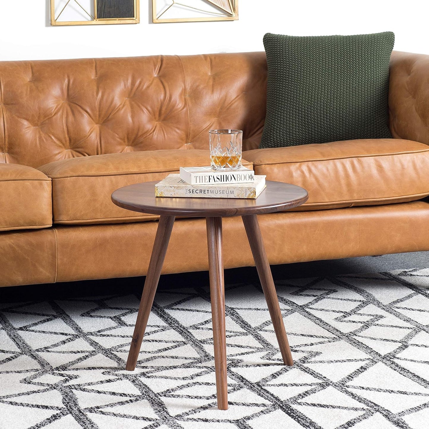 Poly & BARK Douro Side Table in Walnut – 20" Round Accent Table – Solid American Black Walnut Wood – Mid-Century Modern Design with Sculpted Tapered Legs