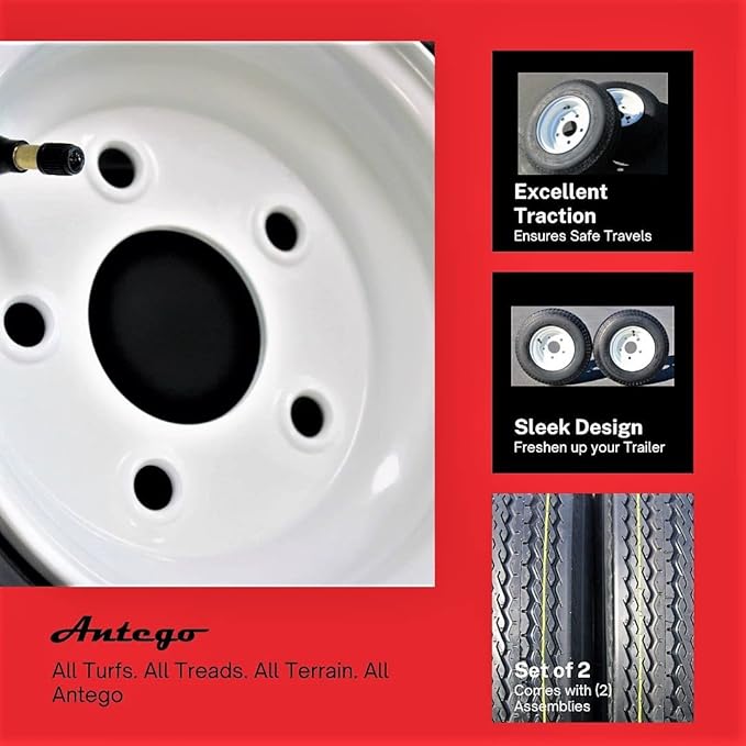 Antego Tire and Wheel (Set of 2) 4.80-8 Tire and Wheel Assemblies, White 5 Lug Trailer Tires and Wheels, 6 Ply, Load Range C