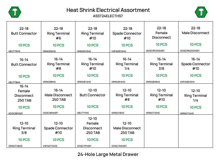 24-Hole Heat Shrink Electric Terminal Assortment / 220 Pieces / Large Metal Drawer