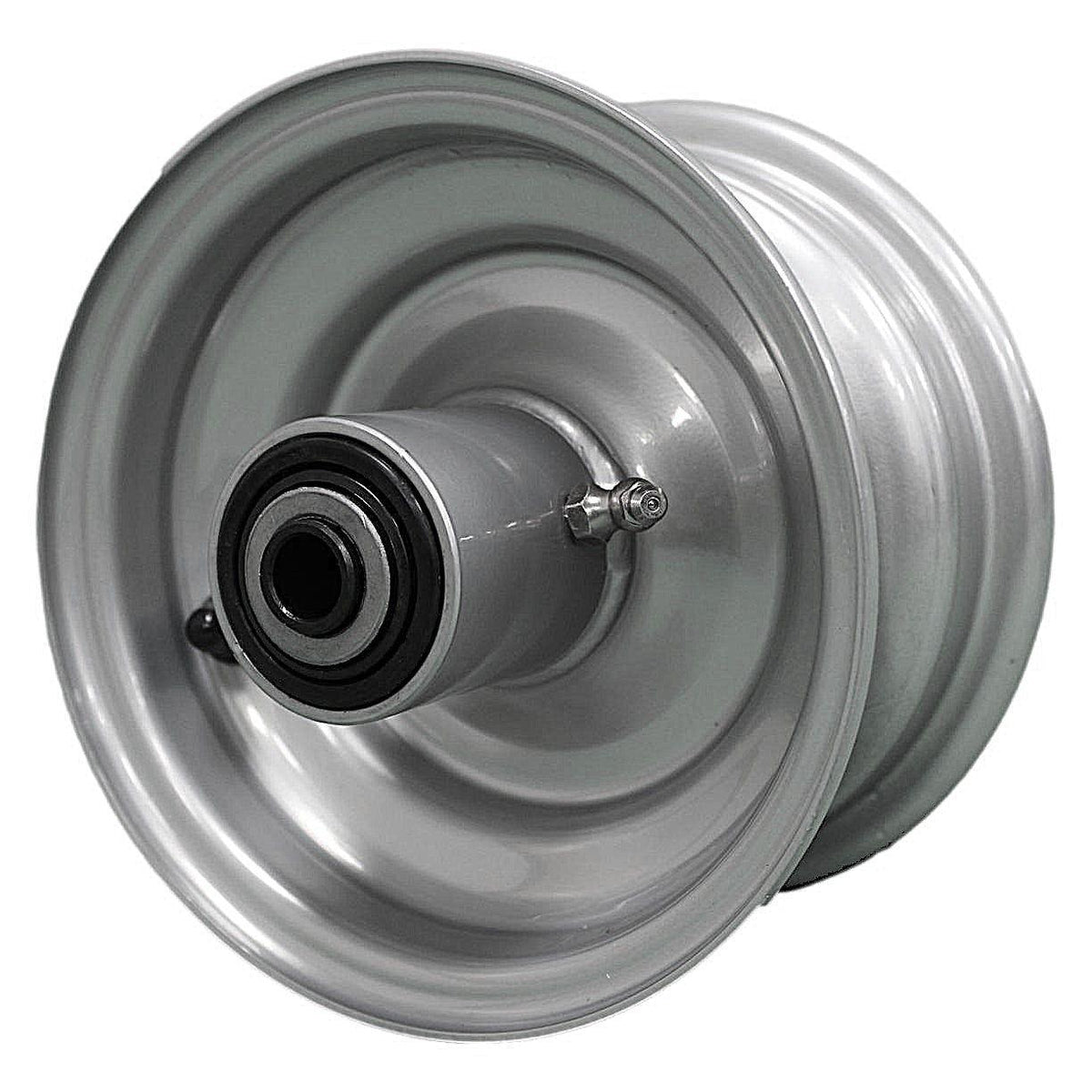 Antego 6x3.25 Chrome-Silver Mower Wheels, 5.875-Inch Hub, Tapered Bearings, 4-Pack