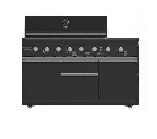 Forno All’Aperto 99,600 BTU Outdoor Kitchen, 5 Burners, Infrared Burners, Side Burner, Black Sintered Stone Countertops, Gas Pizza Oven, Sink Module, Bar & Beverage Center