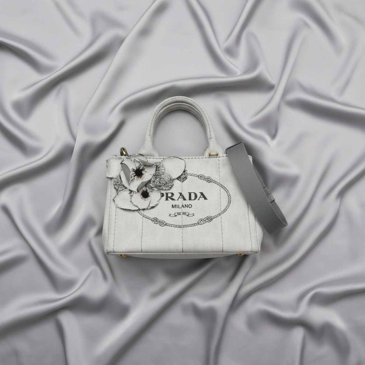 Prada Canapa · Denim · Flower Corsage
