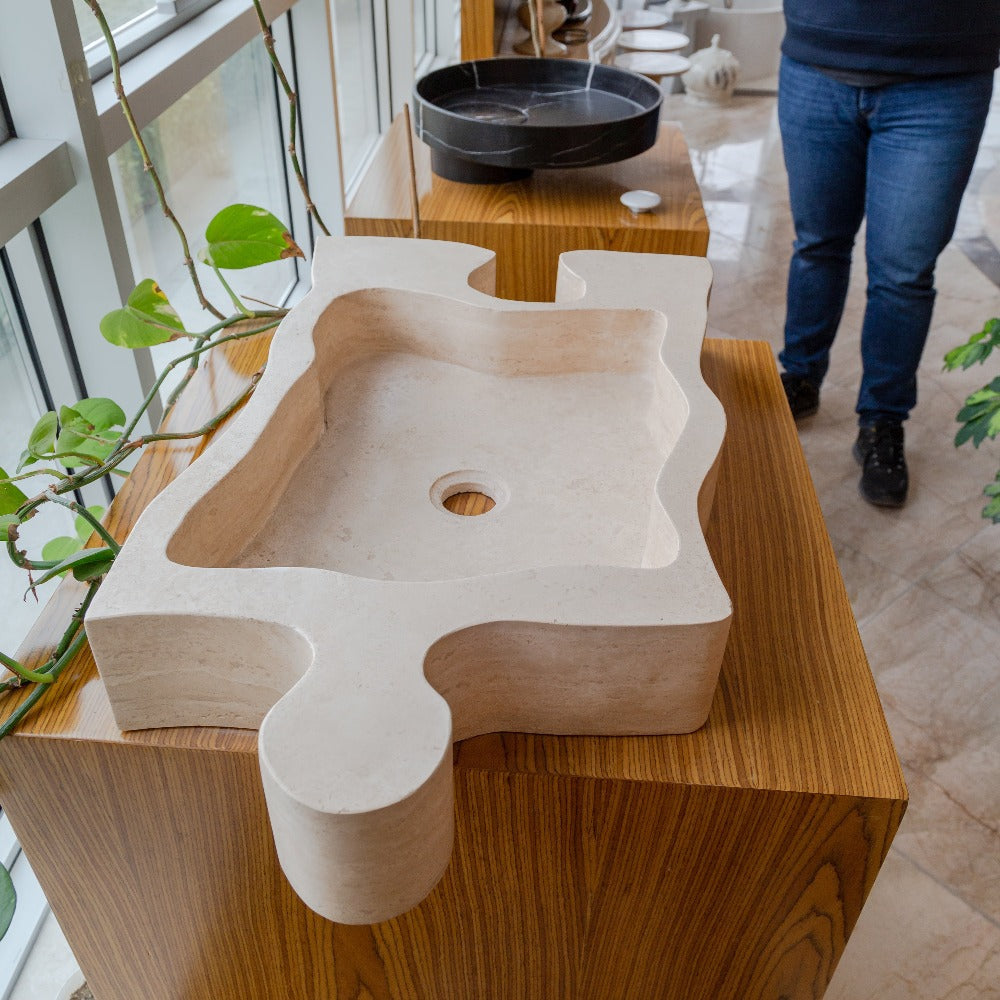 Natural Stone Beige Travertine Vessel Sink - Puzzle 16x27.5x6