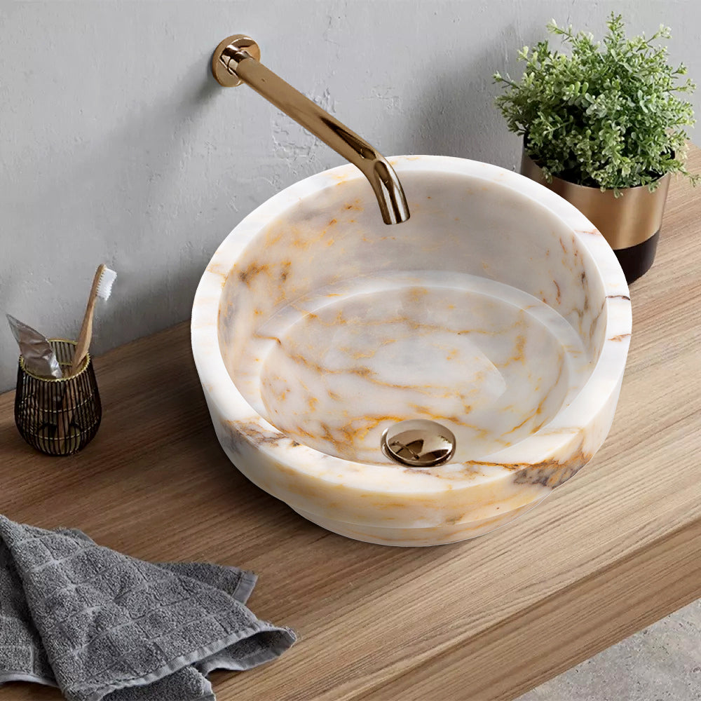 Bianco Giallo Marble Polished Vessel Sink Bowl Handcrafted Turkish Stone 16 x 9 inches
