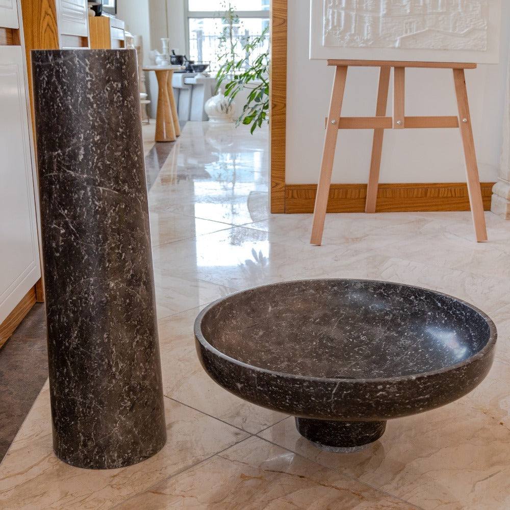 Black Marble Pedestal Round Sink with Polished Finish - 20 Diameter by 33.5 Inches