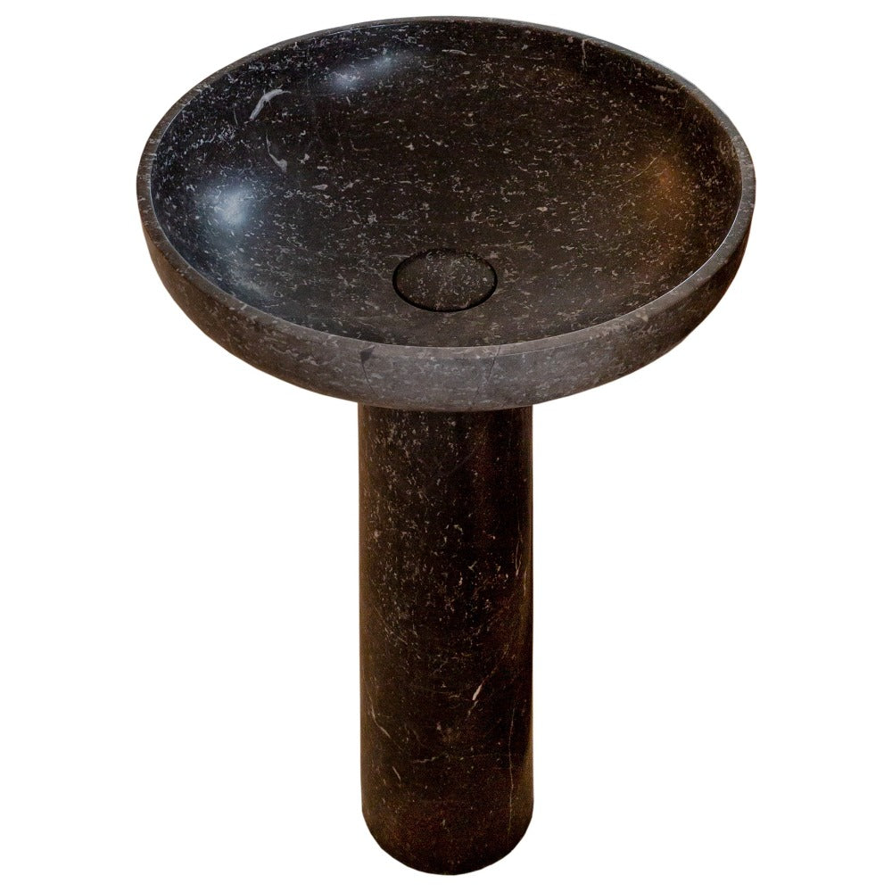 Black Marble Pedestal Round Sink with Polished Finish - 20 Diameter by 33.5 Inches