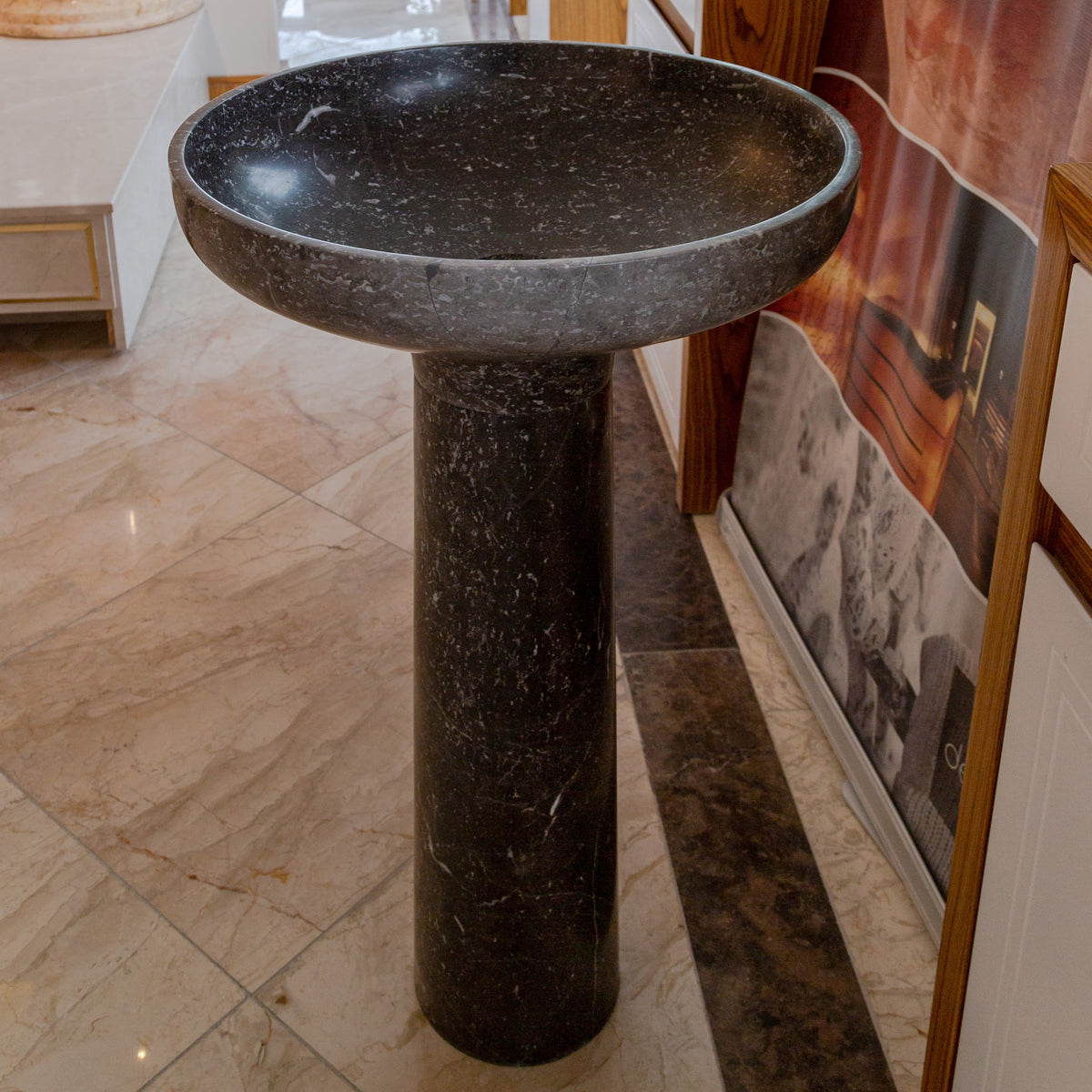 Black Marble Pedestal Round Sink with Polished Finish - 20 Diameter by 33.5 Inches