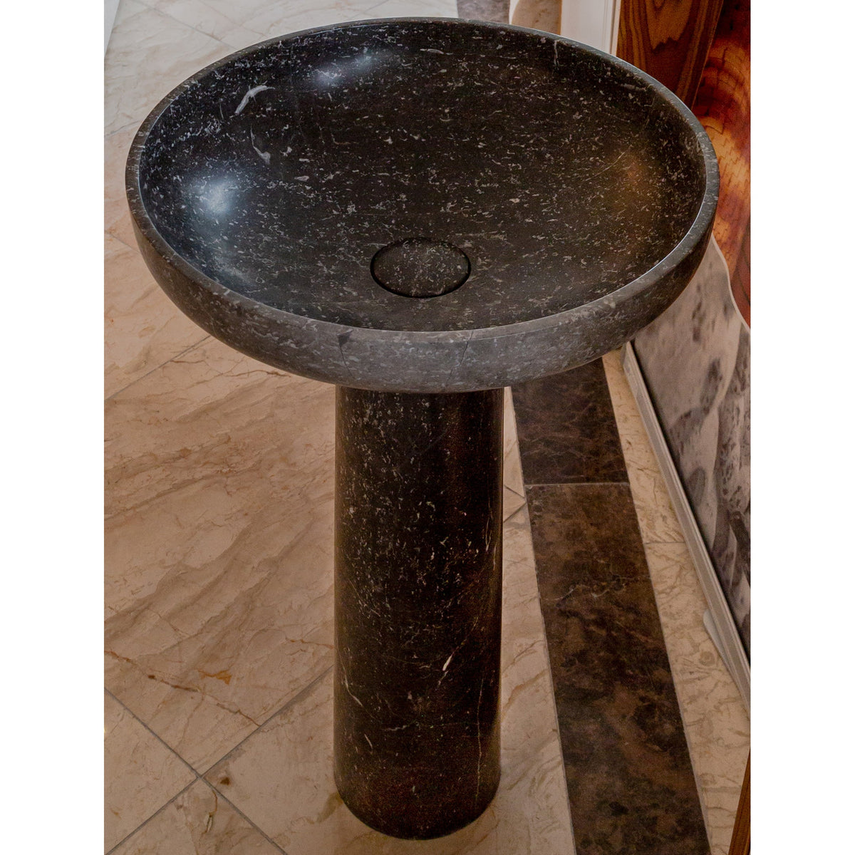 Black Marble Pedestal Round Sink with Polished Finish - 20 Diameter by 33.5 Inches