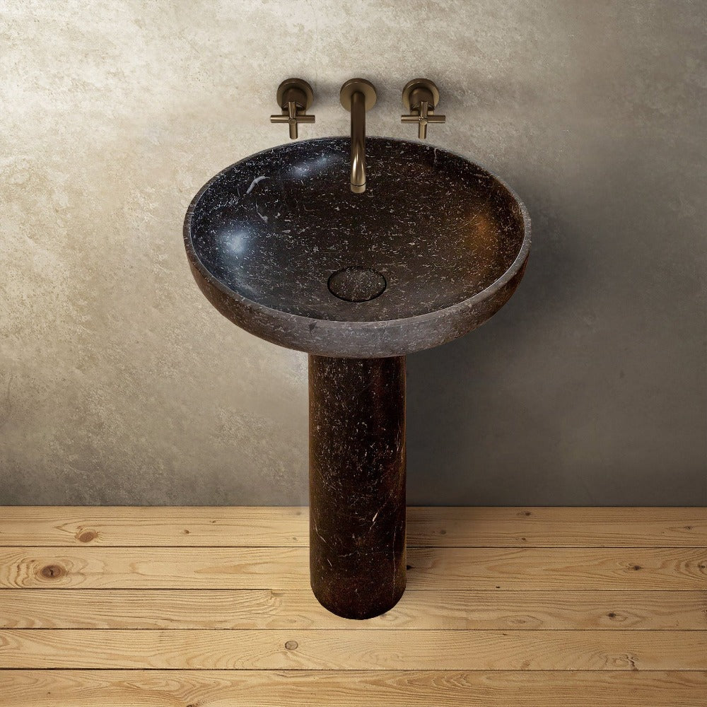 Black Marble Pedestal Round Sink with Polished Finish - 20 Diameter by 33.5 Inches