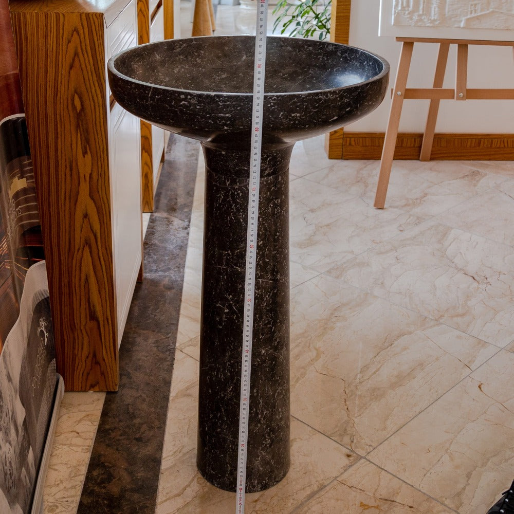 Black Marble Pedestal Round Sink with Polished Finish - 20 Diameter by 33.5 Inches