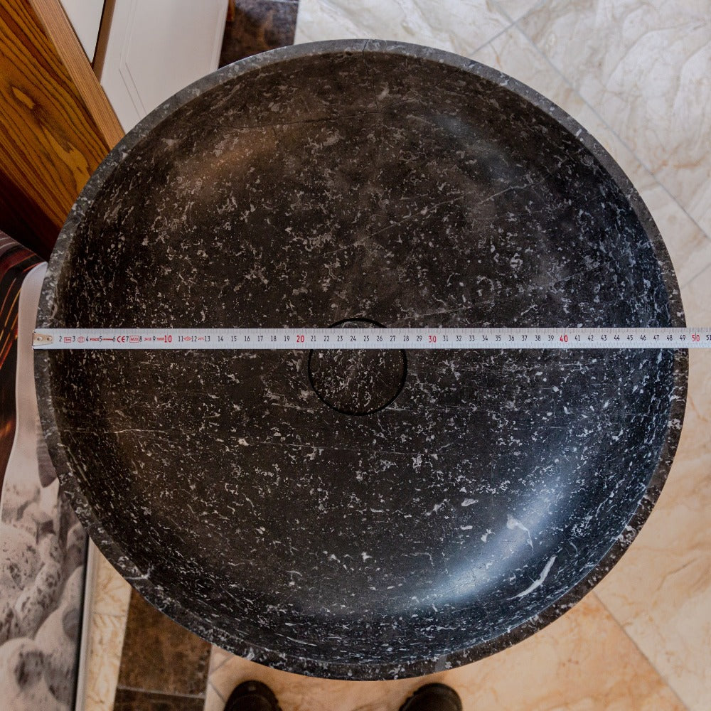 Black Marble Pedestal Round Sink with Polished Finish - 20 Diameter by 33.5 Inches