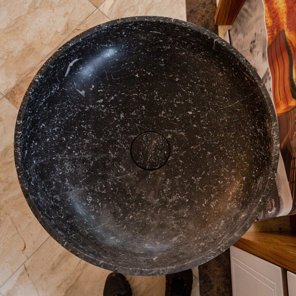 Black Marble Pedestal Round Sink with Polished Finish - 20 Diameter by 33.5 Inches