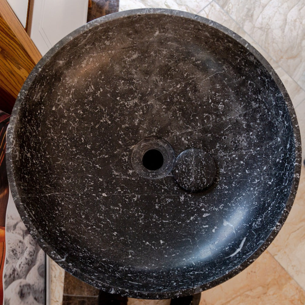 Black Marble Pedestal Round Sink with Polished Finish - 20 Diameter by 33.5 Inches